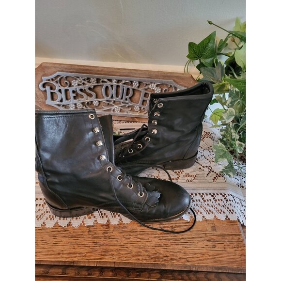 Shoes - Vintage 90s Black Leather Lace Up Boot 7.5 Whimsygoth Goth Grunge Granny Prairie
